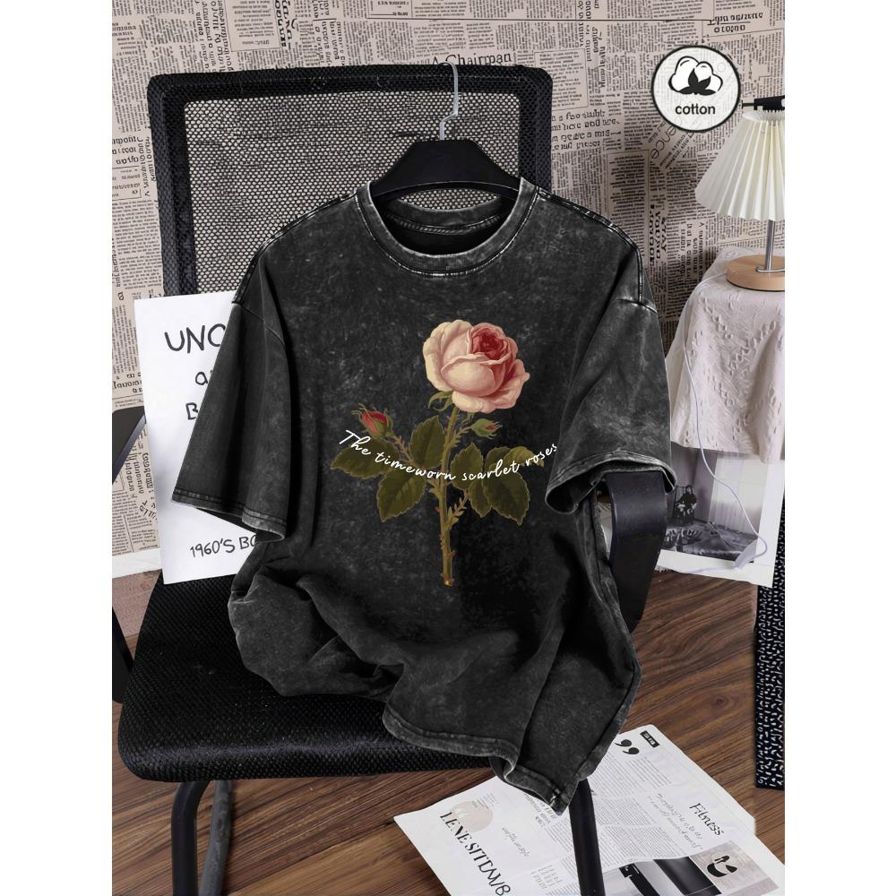 The Timeworn Scarlet Roses Print Women Washed T-Shirt Casual Comfortable T Shirts Cotton Summer Clothes Loose Short Sleeve