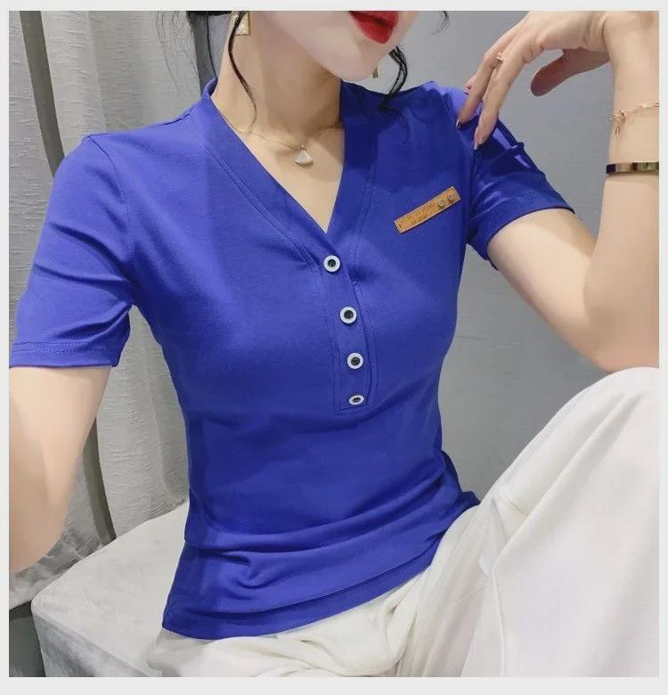 

Charming Korean Fashion Ribbed V-Neck Cotton T-Shirt - Women s Versatile Casual Loose Fit Short Sleeve Top XL