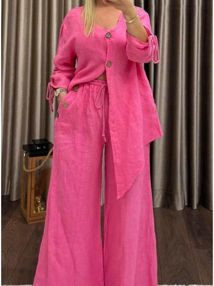 

Women s V-Neck Button Down Cardigan and High Waisted Wide Leg Pants Set, Long Sleeve Tie Waist Top with Pockets, Solid Color Casual Loungewear 5XL рожевий червоний колір