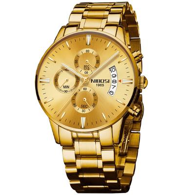 NIBOSI Business Big Metal Stainless Date Day Gift Men's Watch, Gold, Face, Chronograph, Analog, Stylish, Casual, Band, Steel, Display, Fluorescent,