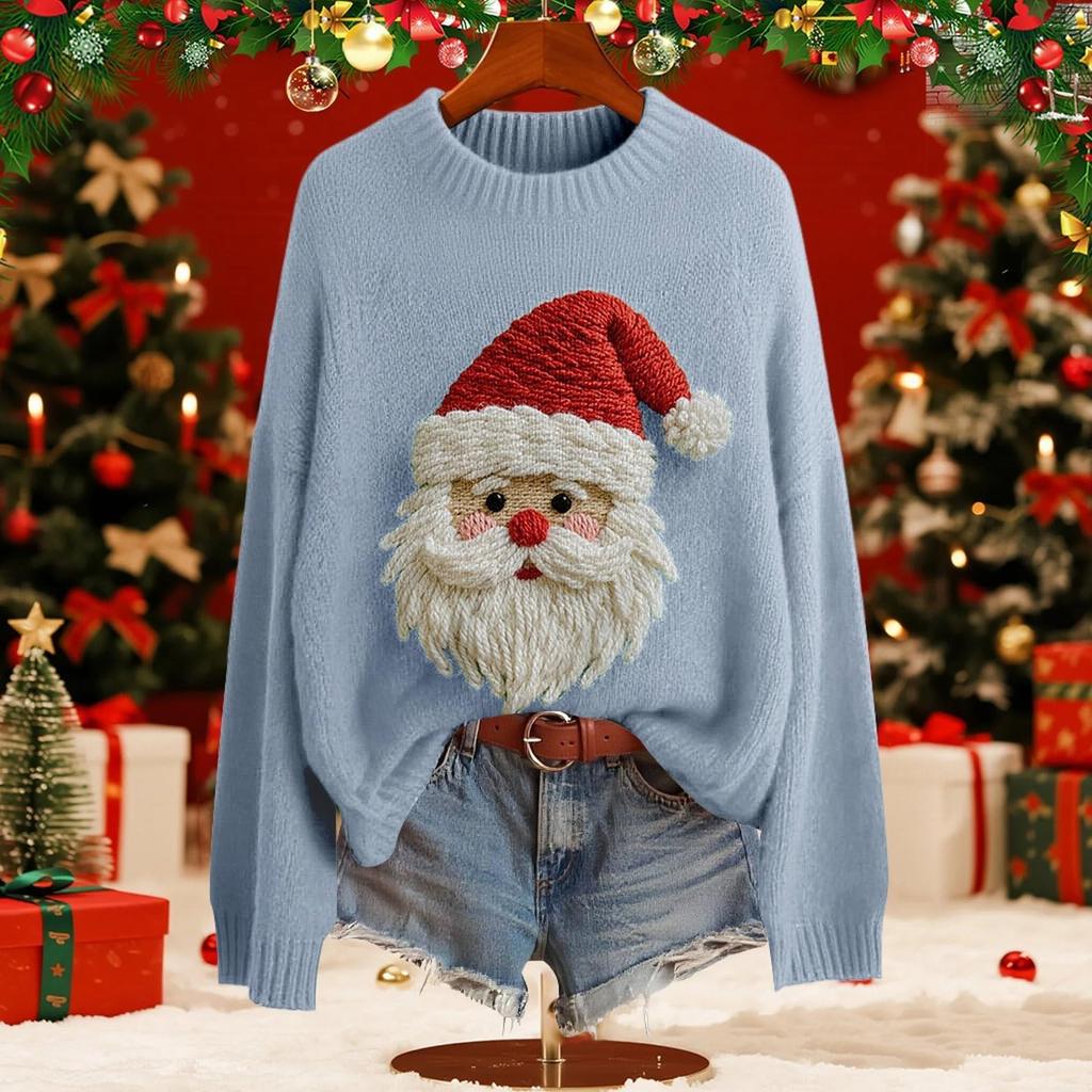 Women's Fashion Christmas Print Pullover Long-Sleeve  Neck Knit Sweater Top