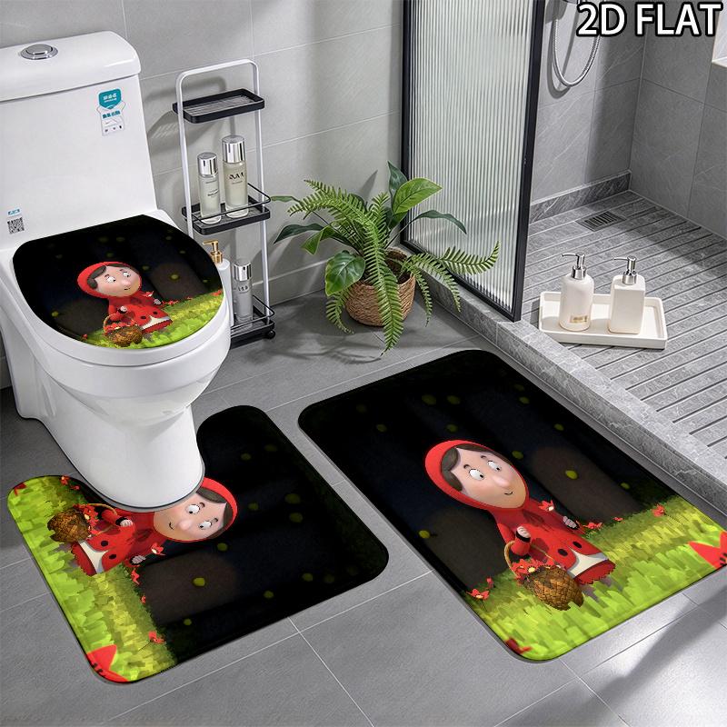 3pcs Revolting Rhymes Pattern Flannel Nonslip Absorbent Washable Decorative Bathroom Home Toilet Seat Cover Mat