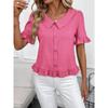 Women S Short Sleeve Blouse Doll Collar Pleated Solid Color Casual Top