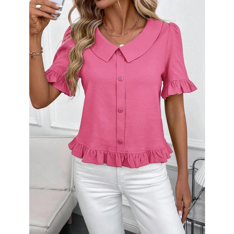 Women S Short Sleeve Blouse Doll Collar Pleated Solid Color Casual Top