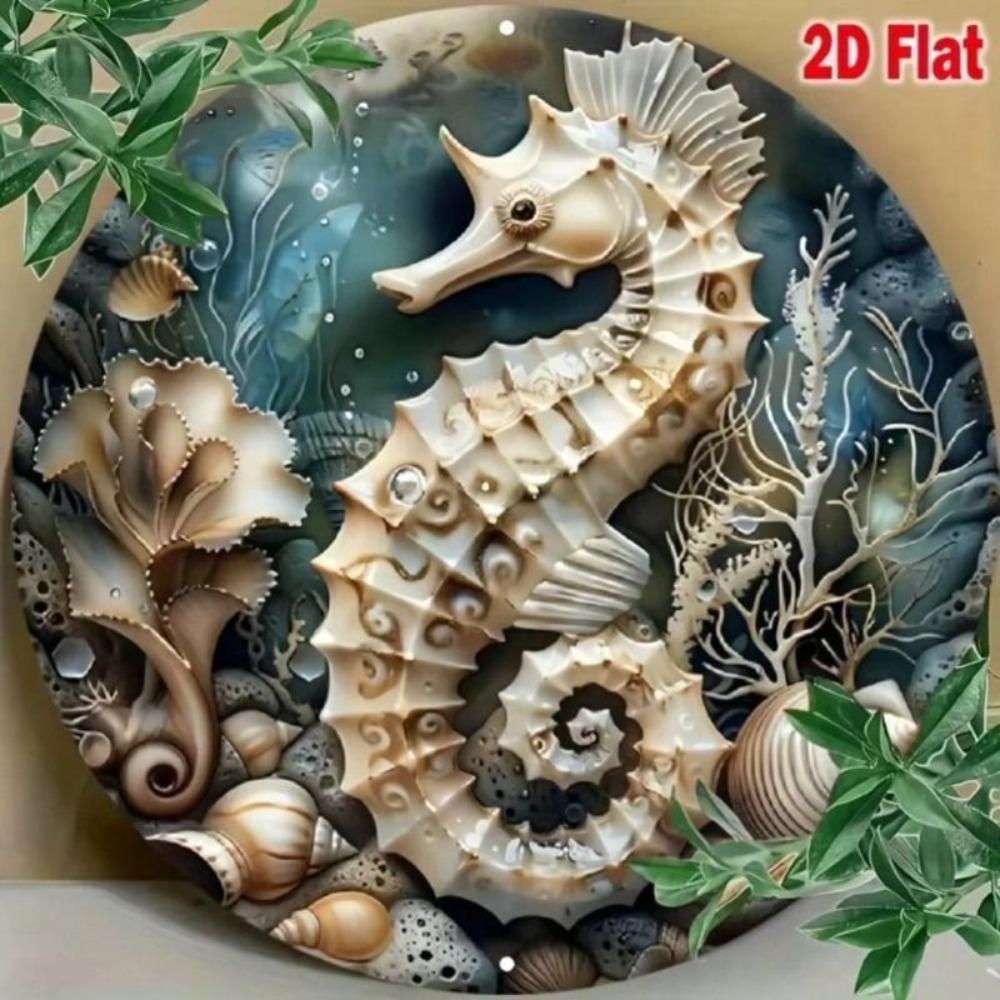 Metallposter Seepferdchen Rund 8x8 Zoll Wandkunst Marine Blechschild