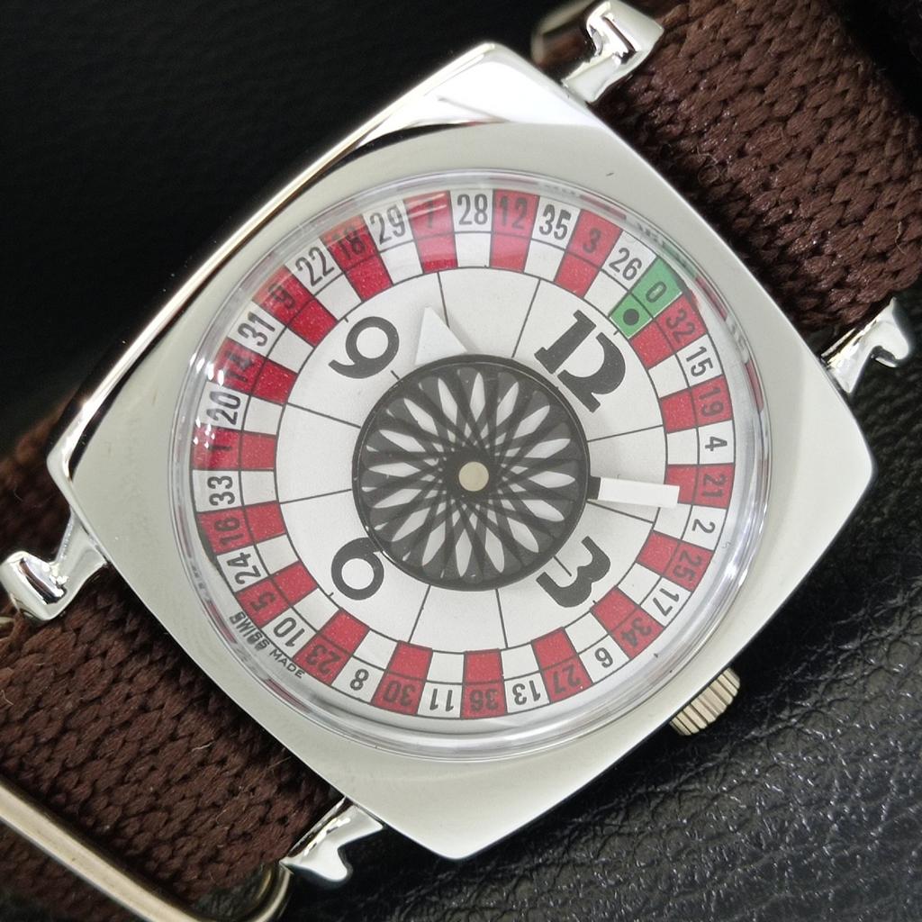 VINTAGE REFURBISHED HAND-WINDING ROULETTE SWISS MENS WHITE DIAL WATCH a700917-5 R205a-a700917