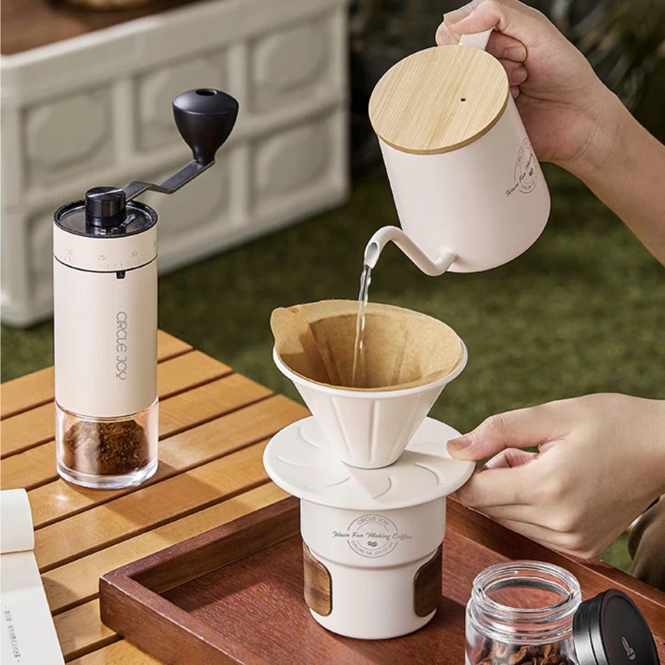 Circle Joy Pour-Over Coffee Maker Set with Hand-Cranked Grinder, Coffee Bean Grinder, Outdoor Camping Portable Storage Coffee Machine, Silver