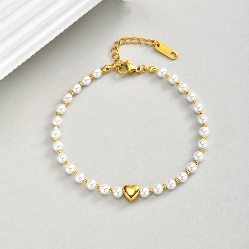 French Elegant Jewelry, Stainless Steel Imitation Pearl Heart Bead Bracelet Br-2733