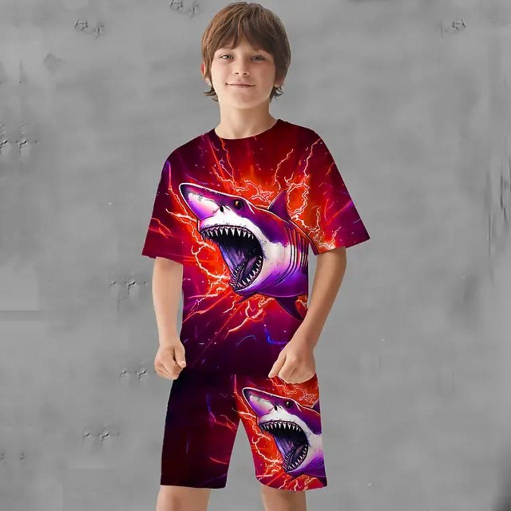 Boys Animal Shark póló és rövidnadrág Pólókészlet Ruházati szett Rövid ujjú 3D nyomatok Nyári Aktív Sport Divat Gyerek pólókosztüm