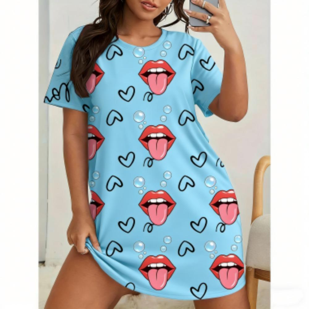 Kadınlar İçin Seksi Baskılı Kısa Kollu Pijama Elbiseler Bol Rahat Kesim Tişört Gecelik Ev Kıyafetleri Gecelik Dinlenme Kıyafetleri Elbiseler