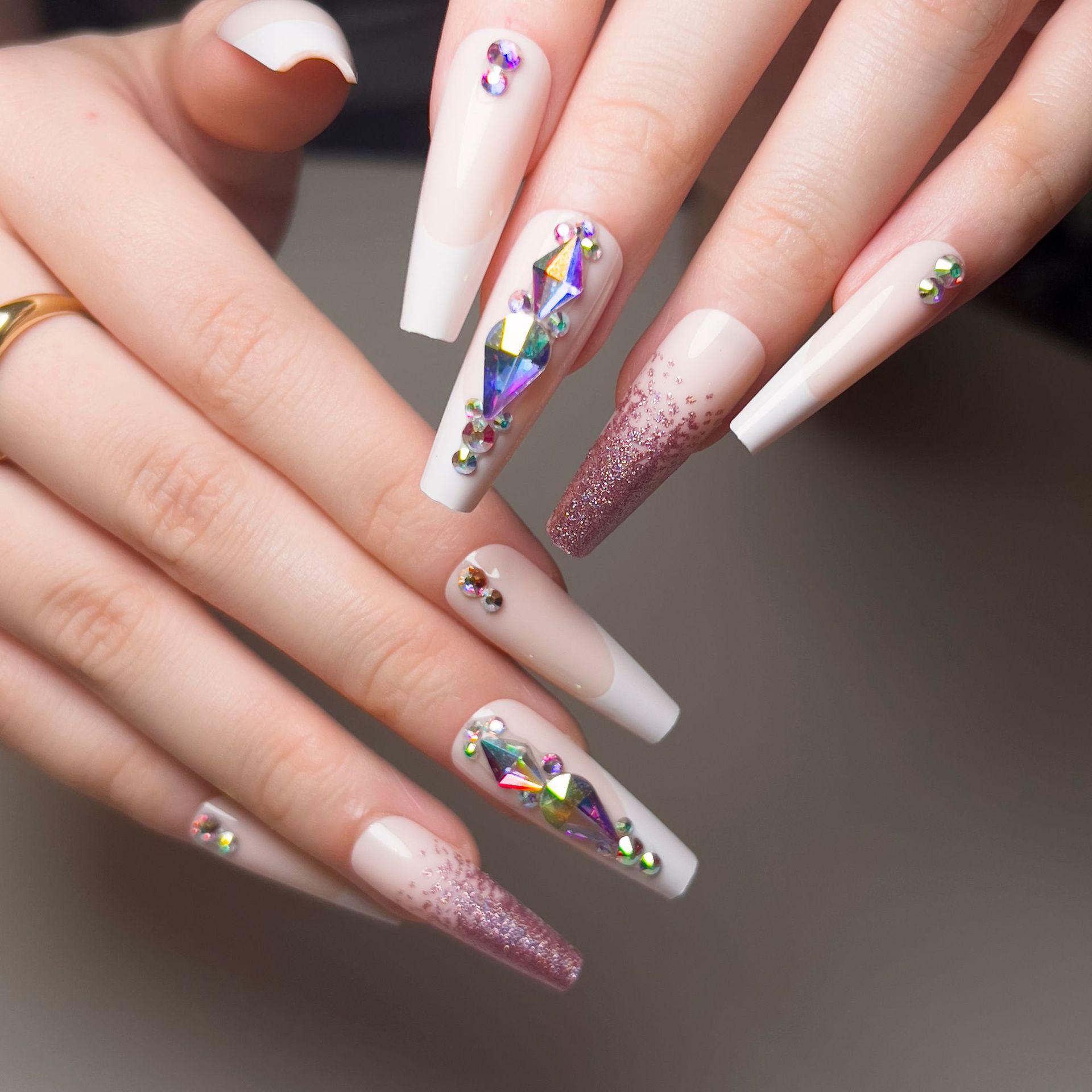 Wear nail piece White French manicure patch Wear nail purple glitter rhinestone nail sticker Removable nail piece