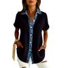 Womens Fashion Color Lapel Short Sleeved Denim Patchwork Button Up Shirt Loose Top