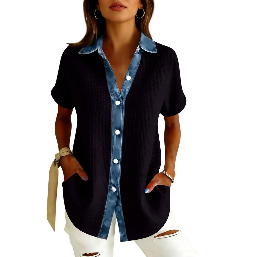 Womens Fashion Color Lapel Short Sleeved Denim Patchwork Button Up Shirt Loose Top