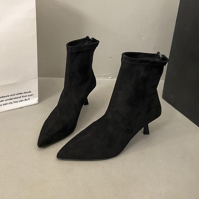 Pointed Short Boots for Women In Autumn and Winter 2025 New Short Tube Niche Zipper Elastic Thin Boots Thin Heel High Heel Boots for Women