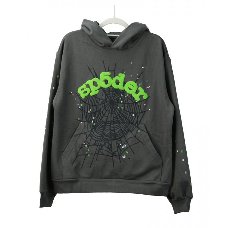 Felpa Sp5der Oversize Spessa in Pile con Stampa a Foglia Ragnatela Design Uomo Inverno Casual