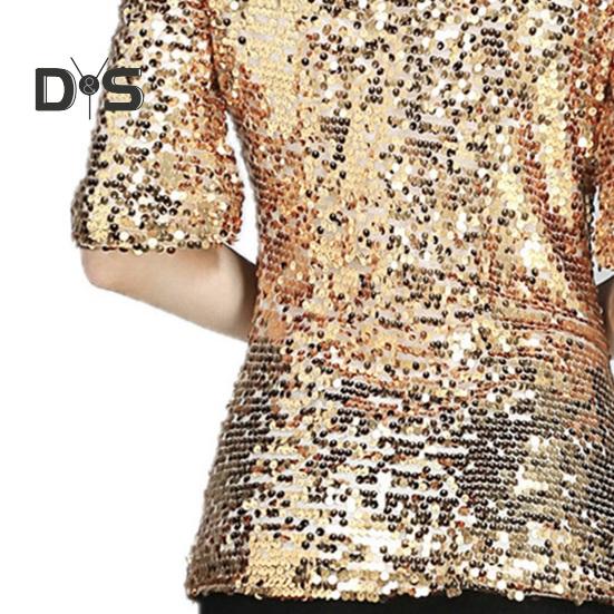 Damen-Shirt, glänzende Pailletten, halbe Ärmel, O-Ausschnitt, lose, einfarbig, weich, atmungsaktiv, Pullover, glitzernde Party, Abschlussball, Cocktail-Bluse