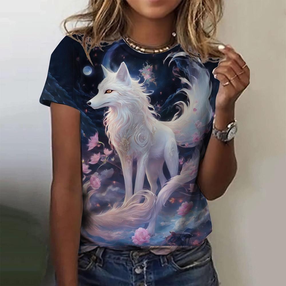3D Printed Fox Pattern Women's T-shirt Summer Casual Round Neck Top Short Sleeve Loose T-shirt Daily Outing Short Sleeve