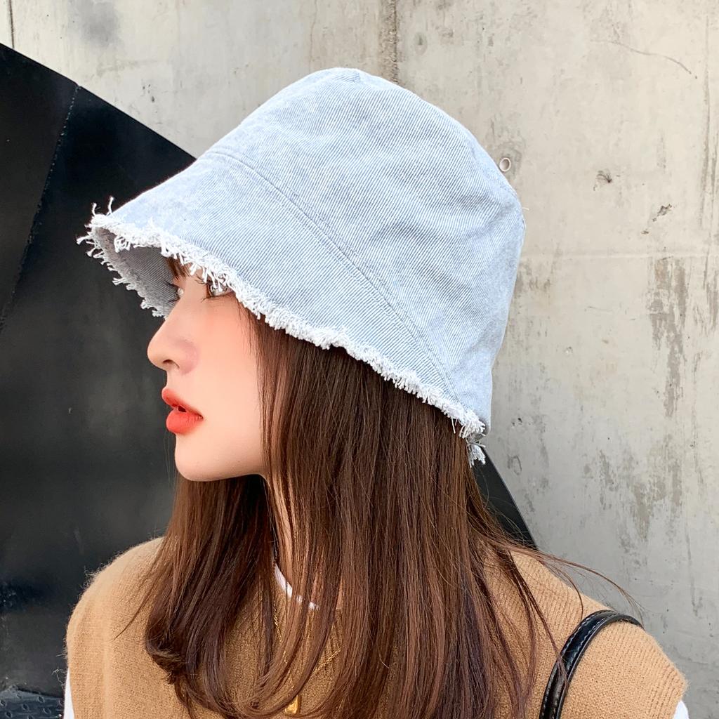 Persönlichkeit Einfassung Gewaschen Denim Eimer Hut Weiblichen Koreanischen Mode All-match Casual Sonnenhut