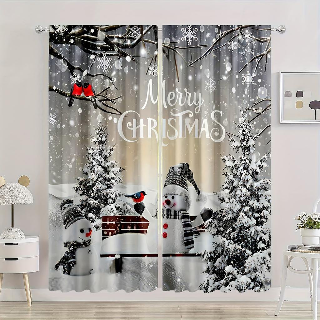 Christmas Snowman Curtains Trees Birds Polyester Fabric Perfect Living Room Decoration Curtain Machine Washable For Great