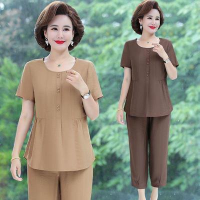Summer Cotton-Linen Two-Piece Set for Middle-Aged Women - Short-Sleeve T-Shirt & Pants Ensemble for Fashionable Comfort