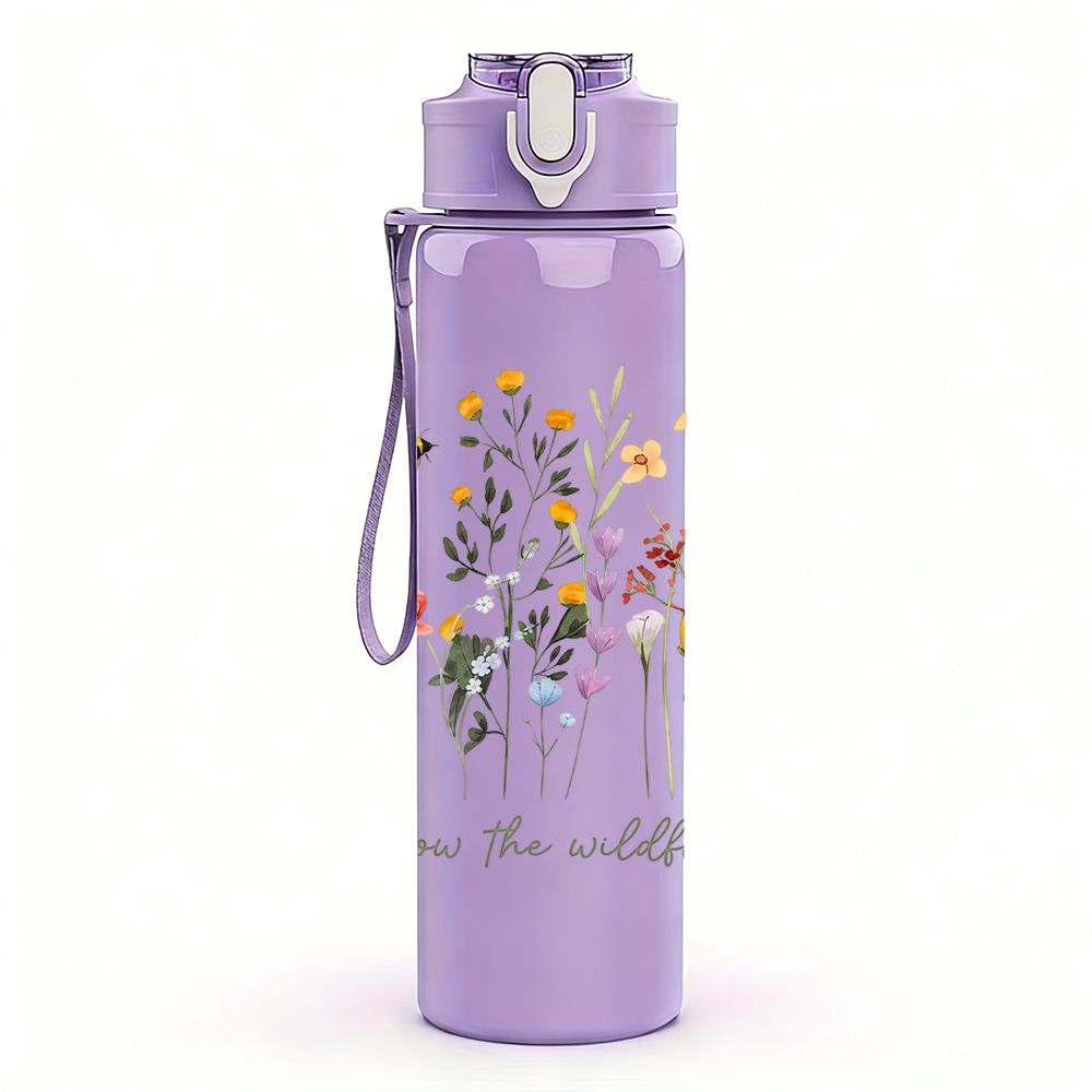 1PC Wildflower Inspirational Quote Graphic,750ml Color Plastic Sports Water Bottle,Leakproof Flip Straw Lid,Suitable for Sports Office Home Use