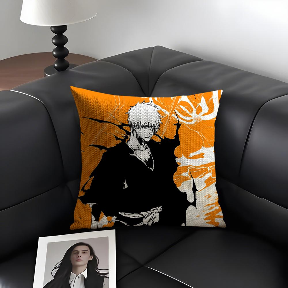 B-Bleach Kurosakii Anime Cushion Cover Natural Linen Organic Fabric Double-Sided Printing Sofa Home Decor Gift Pillow Case