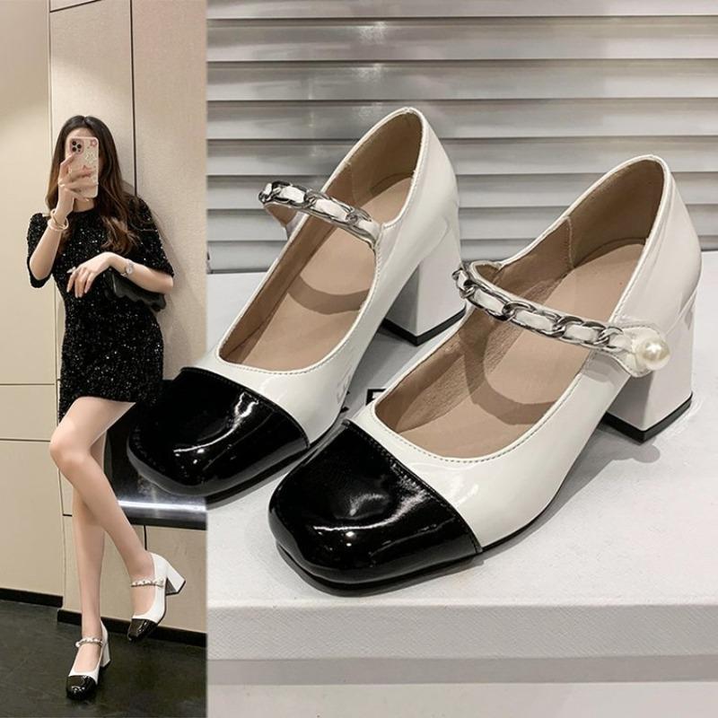2026 Retro French Fashion Square Head High Heels Pearl Coarse Follow Shoes