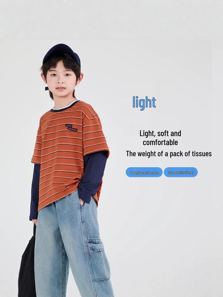 2026 Autumn Striped Color Block Boys' Faux Two-Piece Casual T-shirt