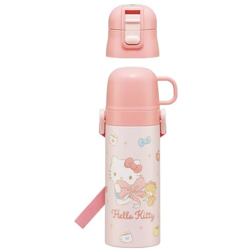 Skater Children's Water Bottle, 2-Way, 470ml (Direct Drinking) or 430ml (Cup Drinking) Design, Sanrio Hello Kitty Big Ribbon, Girls' Stainless Steel,