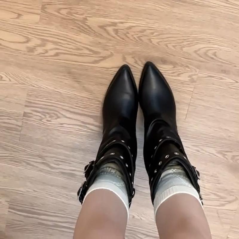 Autumn Vintage Thick Heel Women Western Cowgirl Boots Fashion Belt Buckle Ladies Elegant Slip On Mordern Mid Calf Booties