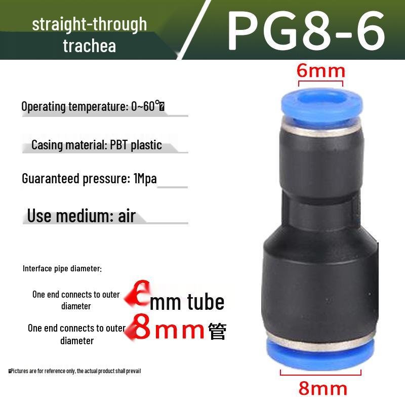 Pneumatic Air Tube Connector: PU8 Straight, PV10 Right-Angle Elbow, Quick-Insert, Butt Joint, Blue Plastic, PG6-4 Reducer.