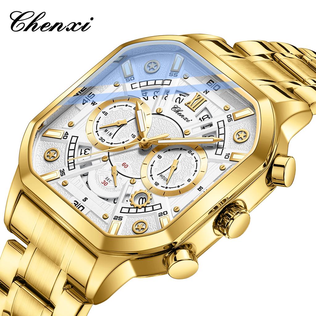 Original CHENXI Watch Fashion Multi-functional Calendar Quartz Luminous Gold Stainless Steel Waterproof Square Watches For Men