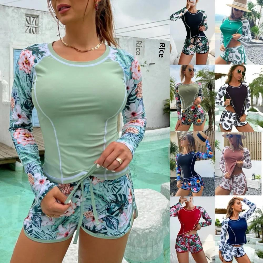 New Long Sleeve Surfing Wetsuit Digital Print Flat Angle Bikini Set Women's Swimming Costume Diving Suit