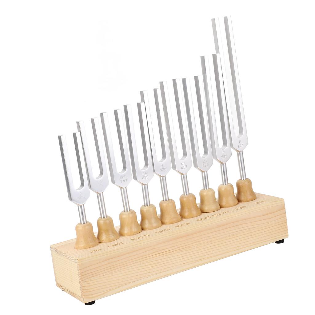 9 Pcs Tuning Fork Set 174 285 396 417 528 639 741 852 963Hz Tuning Fork Sound Healing Tool with Hammer and Wood Base