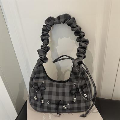 Bow Plaid Pleated Cloud Bag Women's Small Fresh New Shoulder Underarm Bag Casual Messenger Bag