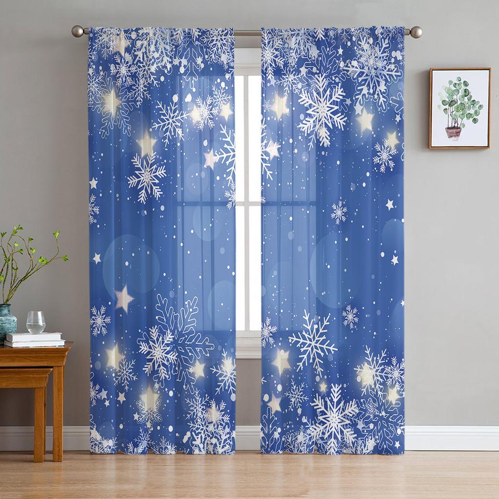 Christmas Snowflake Blue Sheer Drapes for Living Room Decoration Window Curtains for Kitchen Curtains