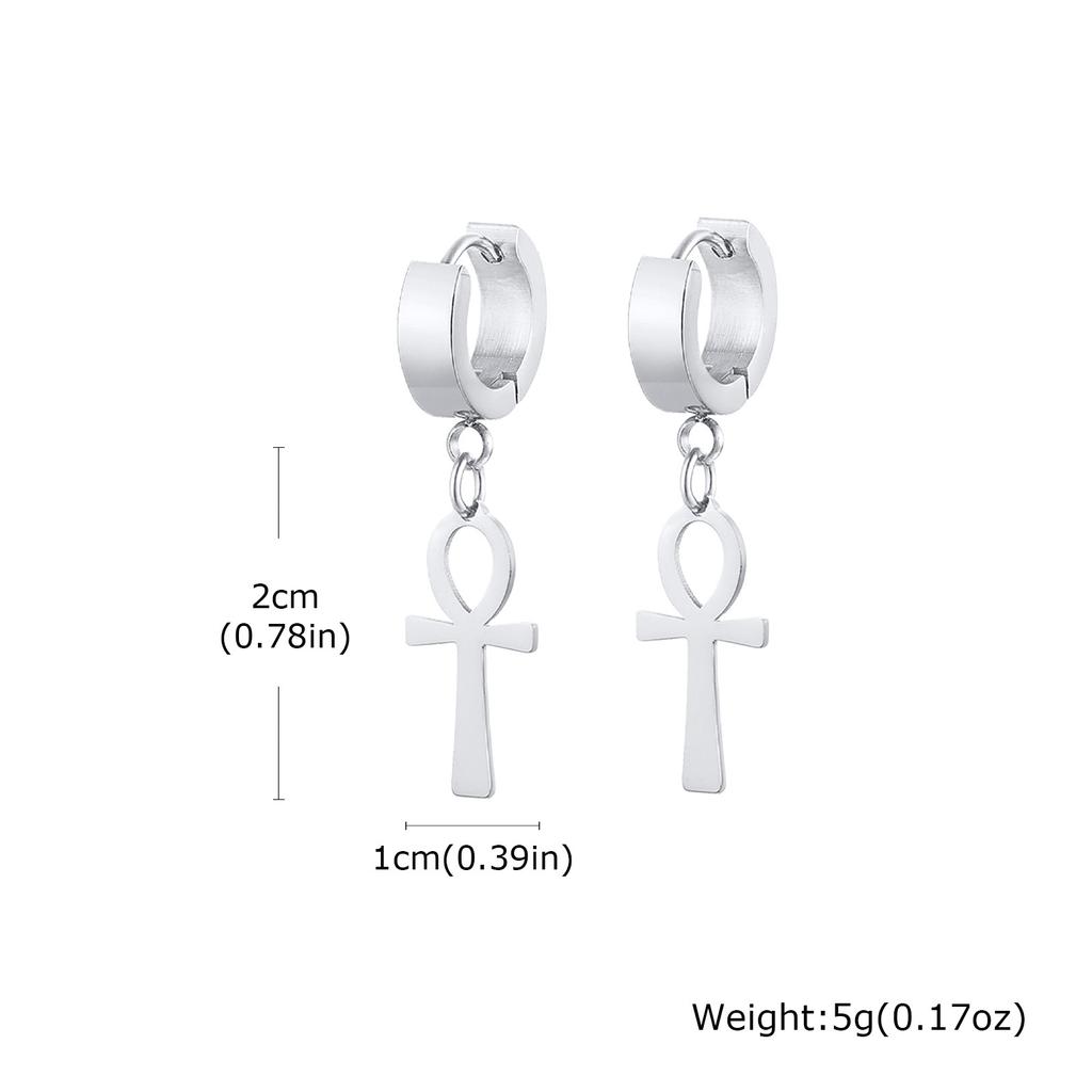 Vnox Ancient Egyptian Ankh Cross Earrings for Men, Stainless Steel Geometric Hoop Huggie Jewelry Gifts, Faith Ankh Stud Earring