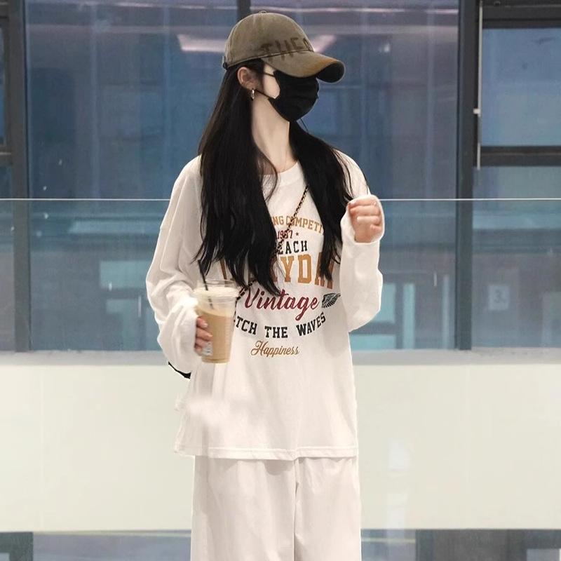 Women s Retro American Loose Fit White Cotton Long-Sleeve Letter Print T-Shirt S