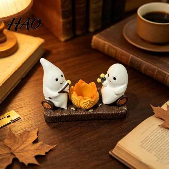 Night Atmosphere Light Base Cute Ghost And Bonfire Figurine, Resin Campfire Ornament for Halloween Tabletop Gift Friends Decor, Cartoon Double Statue