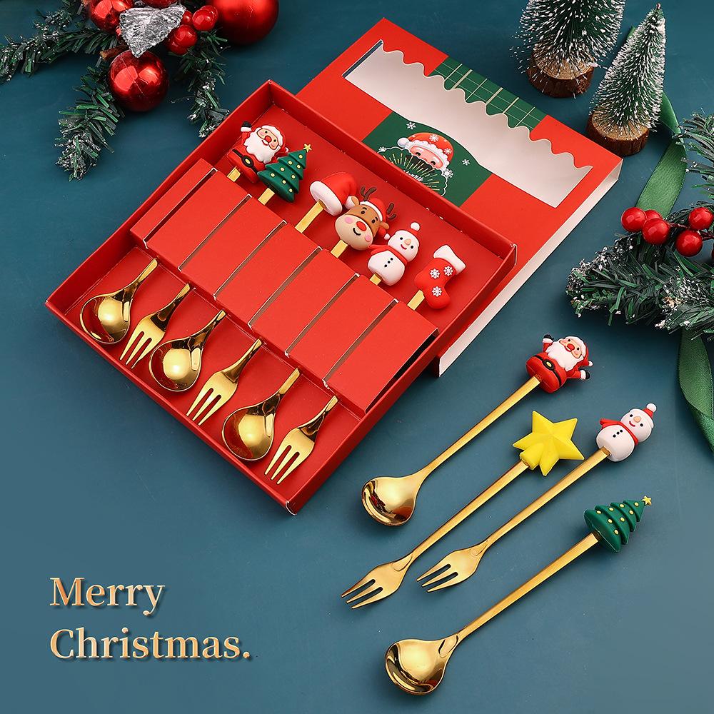 2PCS Stainless Steel Coffee Spoon Christmas Dessert Spoon Cake Fork Cartoon Christmas Tree Elk Spoon Fork Christmas Gift Box