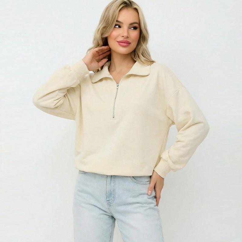 Women Spring Autumn Casual Sports Zipper Lapel Long Sleeve  Solid Color Pullover Hoodies Sweatshirt Top