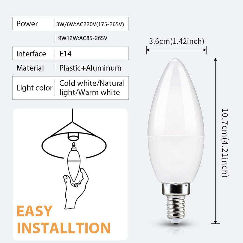 10PCS LED Candle Bulb AC220V 3W 6W 9W 12W E14 Suitable for kitchen bathroom chandelier crystal lamp