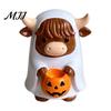 Holiday Party Table Centerpieces Highland Cow Ghost Figurine with Pumpkin Candy Bowl, Cute Halloween Resin Bowl Tabletop Decor for Farmhouse