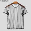 INCERUN Summer Men Short Sleeve Mesh Sheer Striped Ftiied Cropped T-shirts