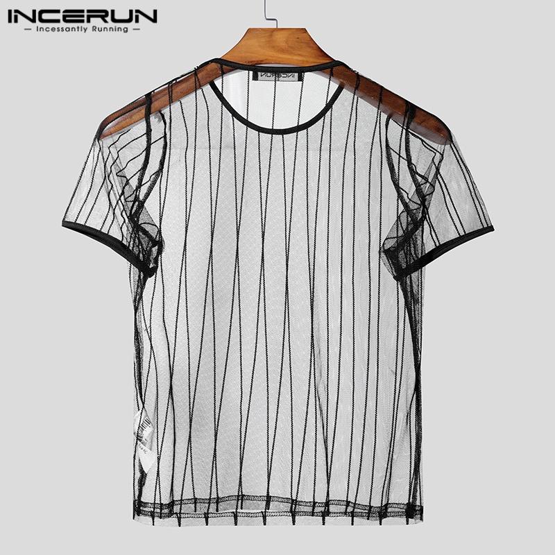 INCERUN Summer Men Short Sleeve Mesh Sheer Striped Ftiied Cropped T-shirts