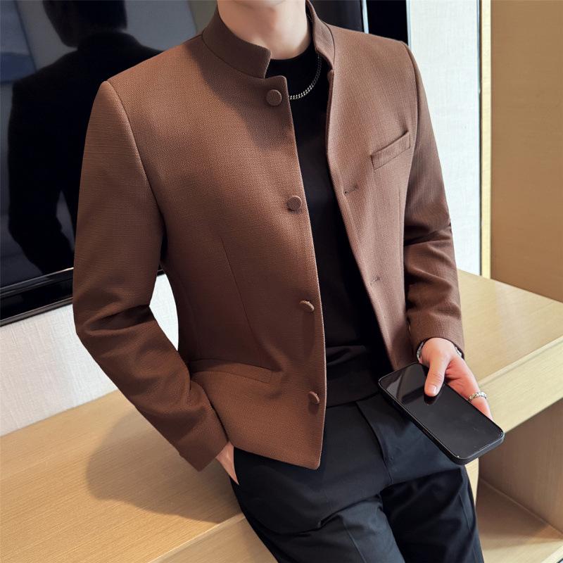 Chaqueta de Lino y Algodón de Corte Ajustado para Hombre con Cuello Alto - Estilo Chino Otoño JK002