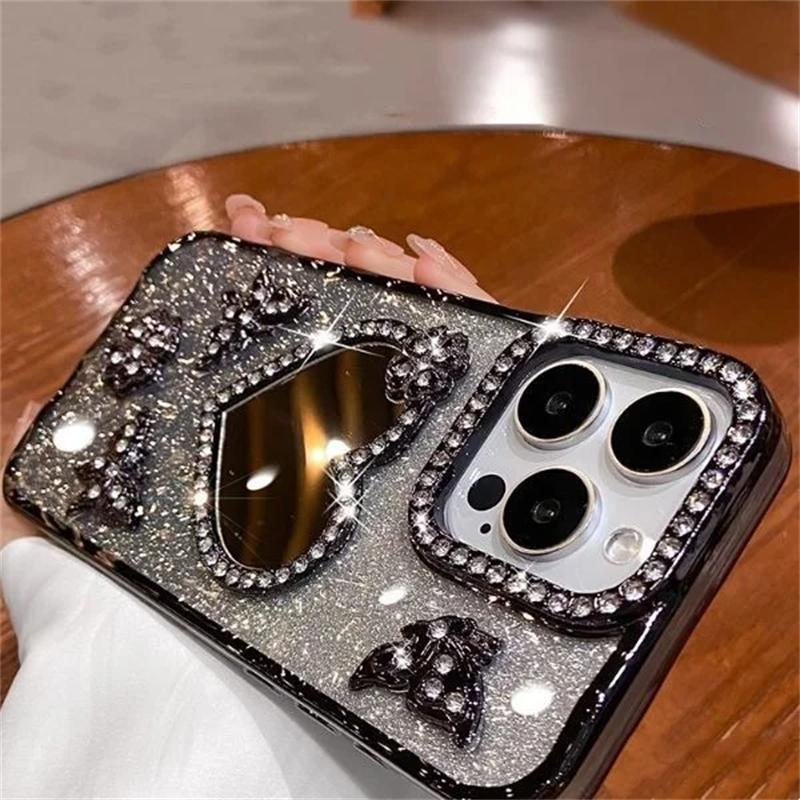 Hjerte Sminkespeil Deksel For iPhone 16 Pro Max 15 Plus Plating Sommerfugl Deksel For iPhone 14 Pro 13 12 11 Glitter Diamant Deksel