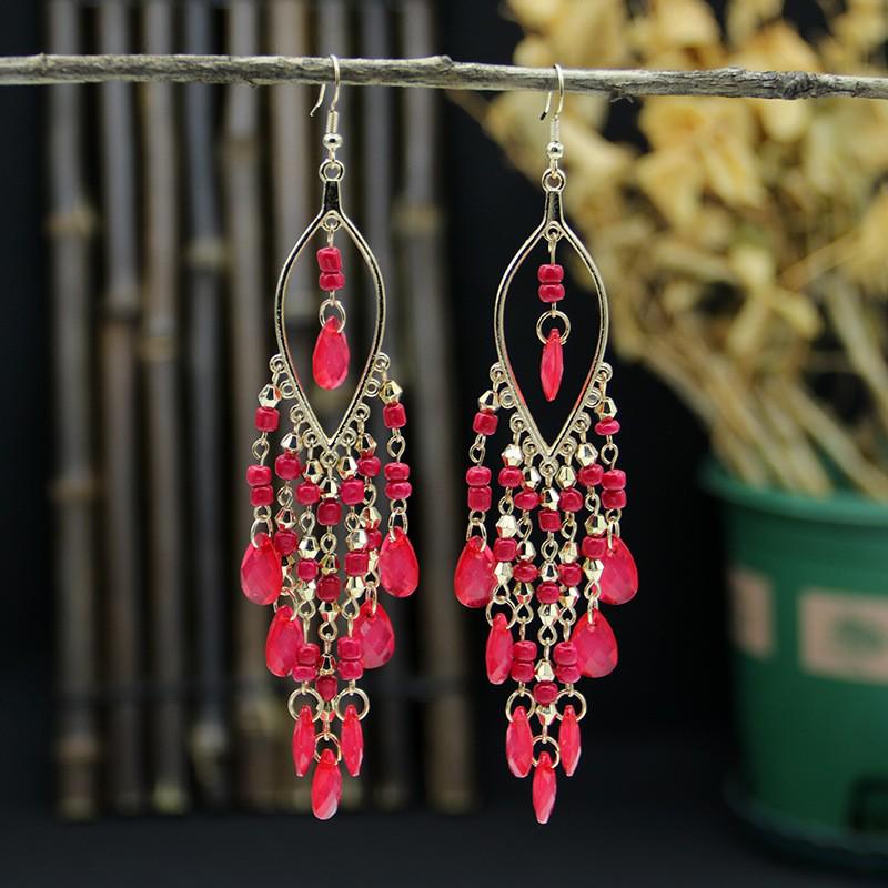Bohemian Crystal Tassel Earrings - Ethnic Style, Slim Face, Exaggerated Design for Travel