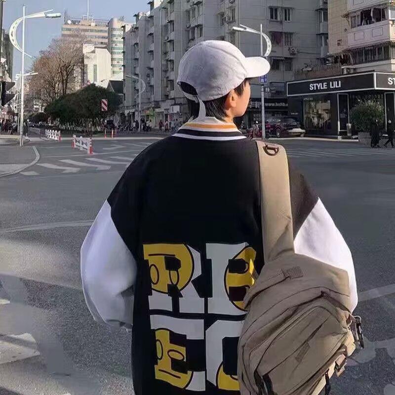 Jacket Men's Baseball Clothing Men's Autumn and Winter Large Size Hong Kong Style Tide Brand Student Loose Versatile Thickened Splicing Jacket Tide