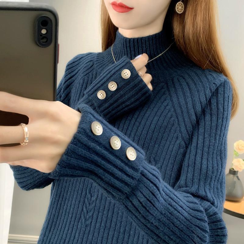 Women's Semi High Neck Sweater Women's Base Sweater Loose Thick Short Knit Sweater